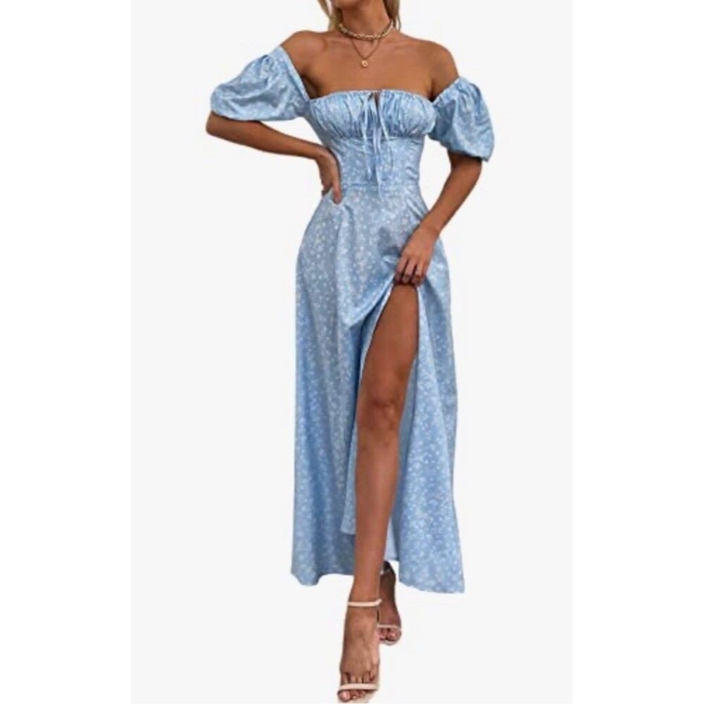 KUTUMAI Off Shoulder Puff Sleeve Floral Maxi Dress Sky Blue